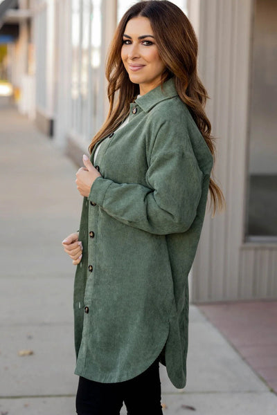Stylish Women's Oversized Mist Green Corduroy Shacket with Side Slits Comfortable Layering Essential for Every Season
