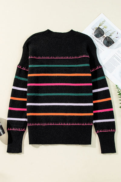 Cozy Women's Black Ribbed Sweater with Colorful Trim Stylish Striped Design for Casual Outings and Everyday Comfort