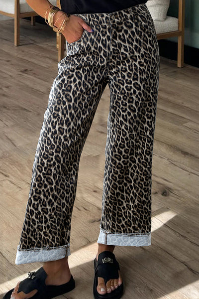 Trendy Women's Yellow Leopard Print Straight Leg Jeans - Chic Casual Fit for Effortless Style