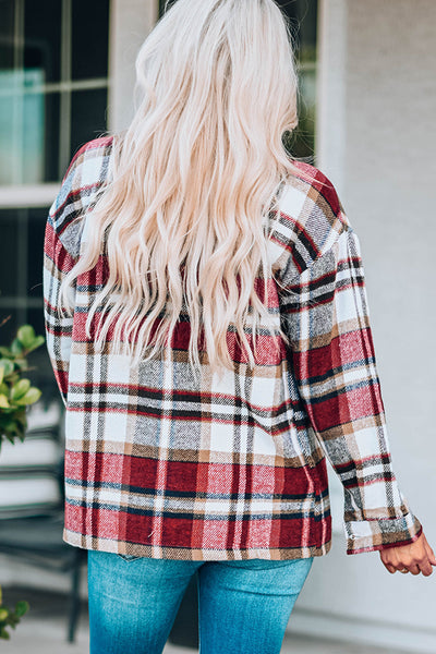 Chic Fiery Red Geometric Plaid Shacket for Women - Stylish Fall Layering Essential with Convenient Pockets