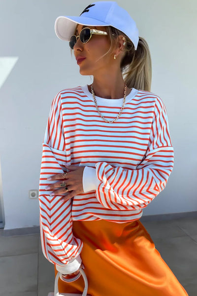 Cozy Women's Orange Striped Drop Shoulder Sweatshirt - Relaxed Fit Crew Neck for Effortless Casual Style