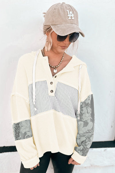 Women's Casual White Waffle Knit Hooded Long Sleeve Top with Drawstring - Stylish Patchwork Design for Everyday Comfort