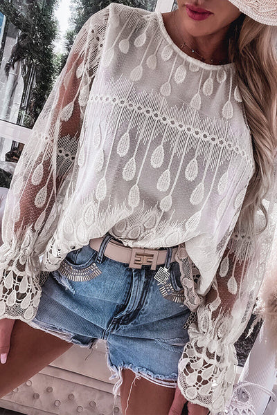 Chic Beige Embroidered Mesh Blouse with Flounce Sleeves for Women Elegant Summer Top for Effortless Style