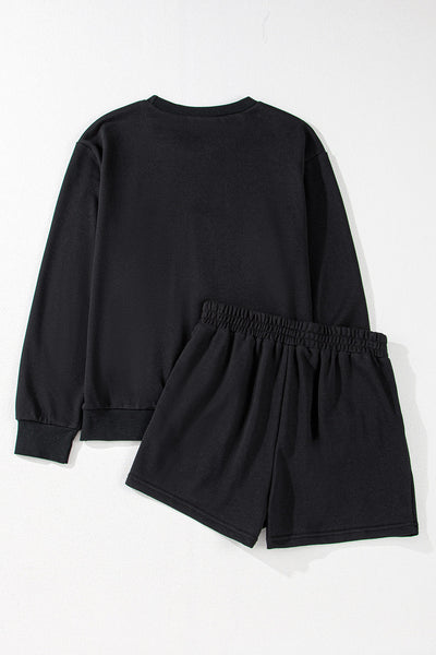 Women's Black Rugby Graphic Pullover & Shorts Set - Casual Athletic Outfit for Game Day Sports Fans