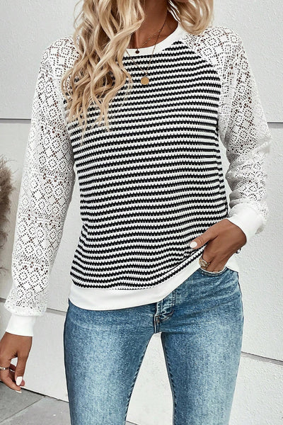 Chic Women's Black Stripe Knit Top with Lace Patchwork and Long Sleeves - Stylish Textured Contrast Design