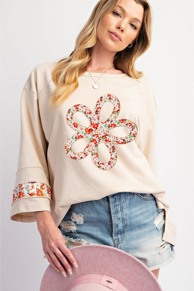 Women‚Äôs Beige Floral Graphic Blouse with Exposed Seams and Wide Sleeves - Perfect for Casual Chic Style