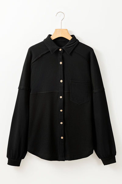 Women's Waffle Knit Oversized Patchwork Shacket in Midnight Black