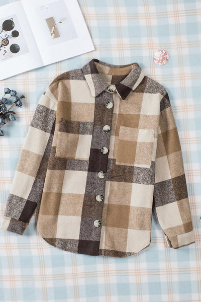 Chic Women's Khaki Plaid Color Block Button-Up Jacket with Pockets Stylish Long Sleeve Outerwear for Casual Fashion