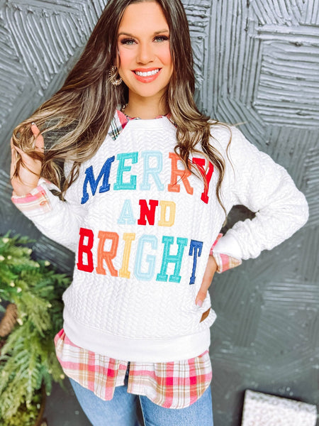 Cozy White Cable Knit Pullover with Merry and Bright Slogan