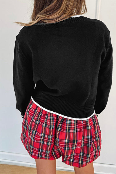Women's Black Cropped Sweater with Bow Detail and Contrast Trim for Chic Holiday Style and Cozy Comfort