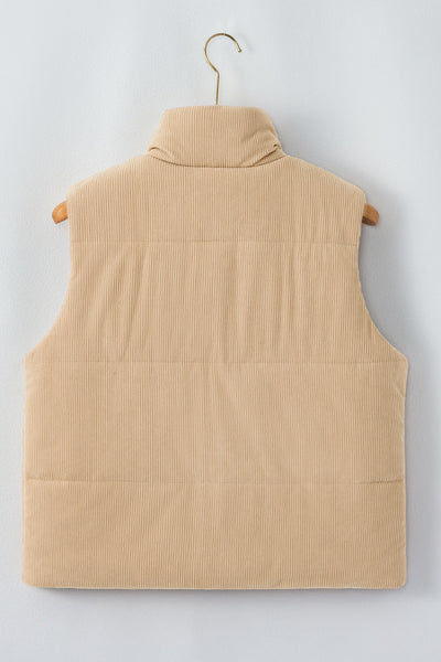 Beige Corduroy Puffer Vest with Stand Collar with practical styling and dependable silhouette control.
