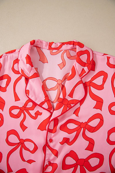 Cozy Women's Pink Bow Print Long Sleeve Pajama Set - Stylish 2-Piece Sleepwear for Comfortable Nights