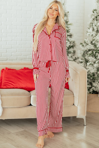 Women's Red and White Striped Long-Sleeve Pajama Set with Ribbon Details with practical styling and dependable silhouette control.