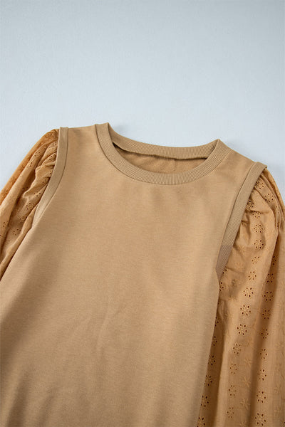 Stylish Women's Pale Khaki Round Neck Sweatshirt with Patchwork Sleeves - Comfortable Casual Top for Everyday Style