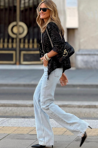 Chic Women's Black Sequin Zip-Up Jacket with Round Neck and Long Sleeves for Glamorous Night Out Fashion