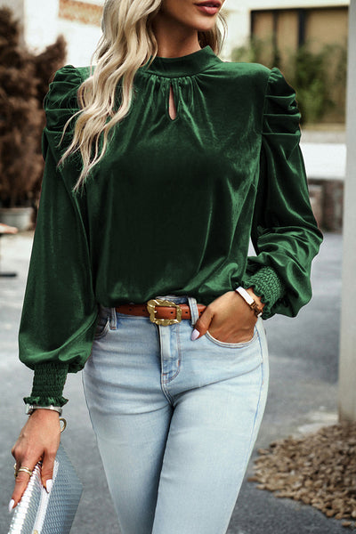 Elegant Women's Blackish Green Velvet Blouse with Mock Neck, Puff Sleeves - Stylish & Comfortable Fashion Top