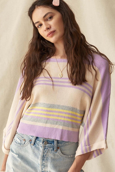 Cozy Purple Striped Dolman Sleeve Sweater for Women - Rib Knit, Cuffed Design for Effortless Style and Comfort