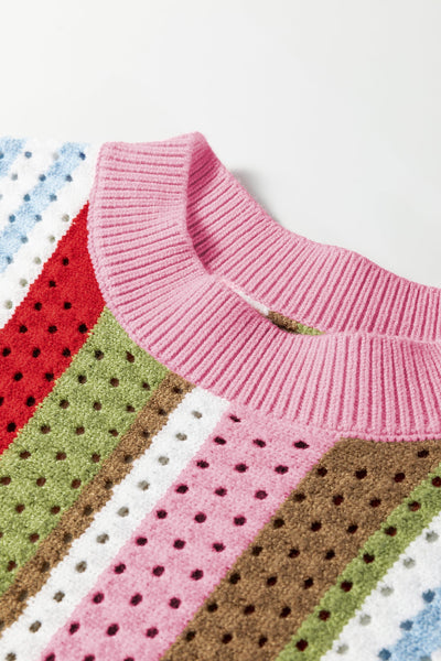 Women's Multi-Color Pointelle Knit Striped Short Sleeve Sweater