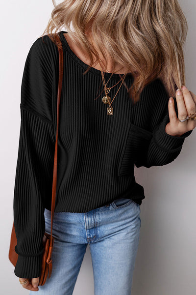 Stylish Women's Black Corded Drop Shoulder Long Sleeve Top - Cozy Everyday Essential for Effortless Chic Looks
