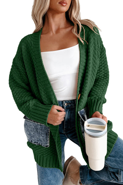 Trendy Women's Blackish Green Open Front Knitted Cardigan with Pockets - Chic Patchwork Design for Effortless Style