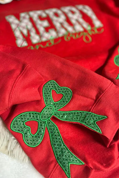 Festive Women's Fiery Red Christmas Sweatshirt with Plaid Detail, Embroidered Letters, and Sequin Bow Holiday Chic