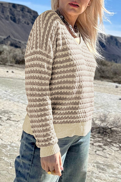 Plus Size Women's Cozy Khaki Stripe V-Neck Drop Shoulder Sweater for Chic, Comfortable Style