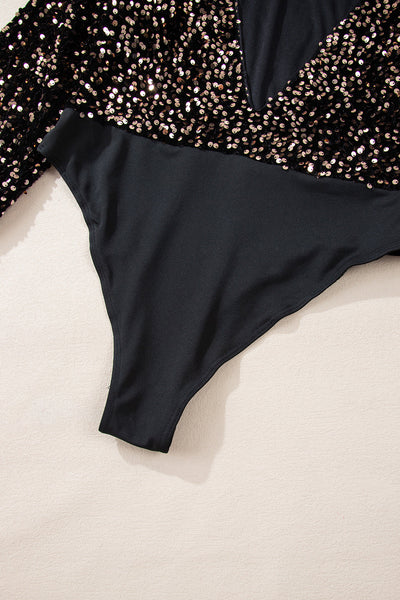 Women's Black Sequin Puff Sleeve Bodysuit with Deep V Back - Chic Party Top for Effortless Glam and Sophisticated Style