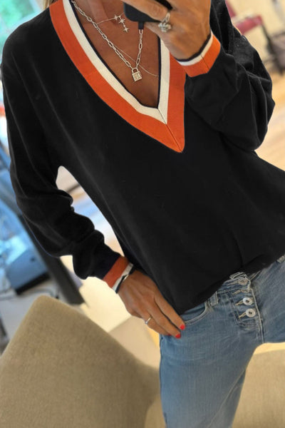 Stylish Women's Black V-Neck Varsity Sweater with Contrast Striped Trim - Cozy Fit for Casual Outings and Everyday Wear