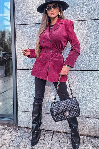 Effortlessly Chic Women's Pitaya Pink Corduroy Blazer with Smocked Waist & Double-Breasted Design for Stylish Comfort