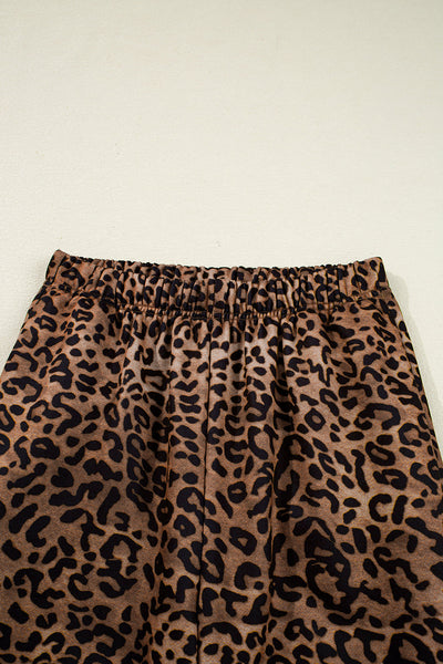 Stylish Women's Coffee Leopard Print Long Sleeve Top and Pants Set - Cozy Contrast Trim Loungewear Ensemble