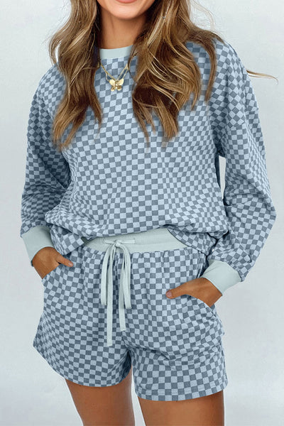 Women's Sky Blue Checkerboard Long Sleeve Top and Shorts Set with practical styling and dependable silhouette control.