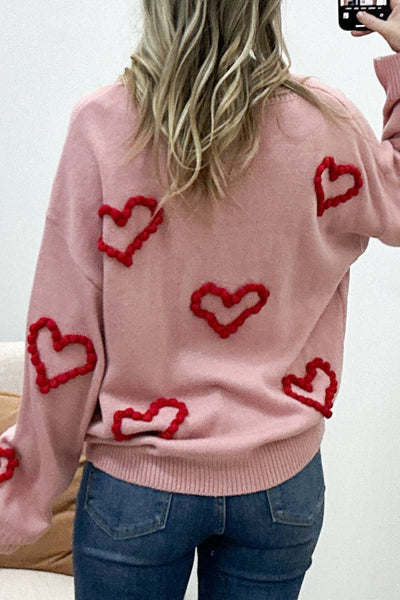 Cozy Women's Fuchsia Drop Shoulder Sweater with Heart Embroidery - Trendy Casual Style for Effortless Chic Looks
