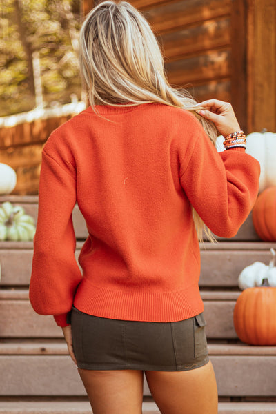 Women's Cozy Orange Pumpkin Face Sweater - Trendy Drop Shoulder Fall Fashion for Halloween Celebrations