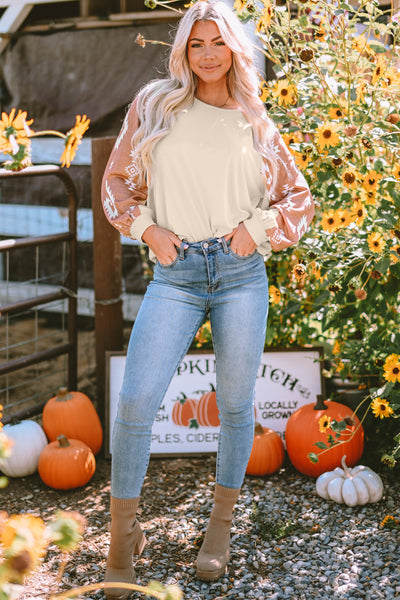 Trendy Women's Apricot Western Print Long Sleeve Top with Unique Patch Design for Casual Everyday Style