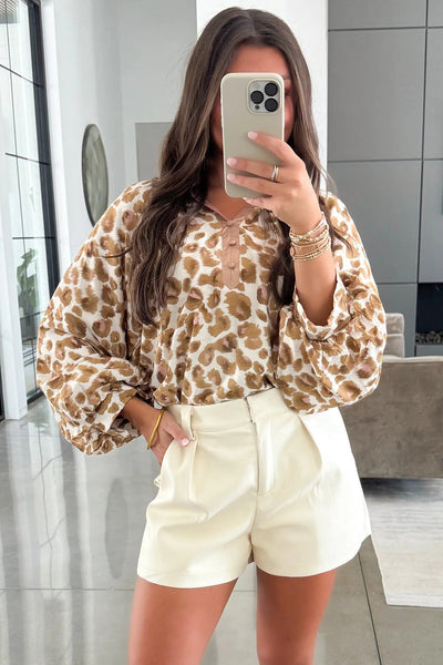 Chic Women's Khaki Leopard Print Blouse with Contrast Trim, Button Neck, and Long Puff Sleeves for Effortless Style