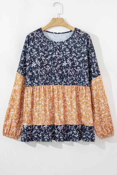 Women's Stylish Blue Floral Color Block Blouse with Ruffled Hem - Comfortable Round Neck Top for Every Occasion