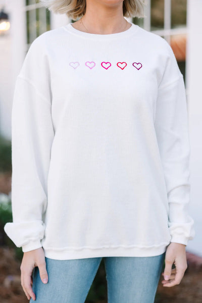 Women's Casual Chic White 3D Ribbed Sweatshirt with XOXO Heart Embroidery and Drop Shoulder Fit for Ultimate Comfort