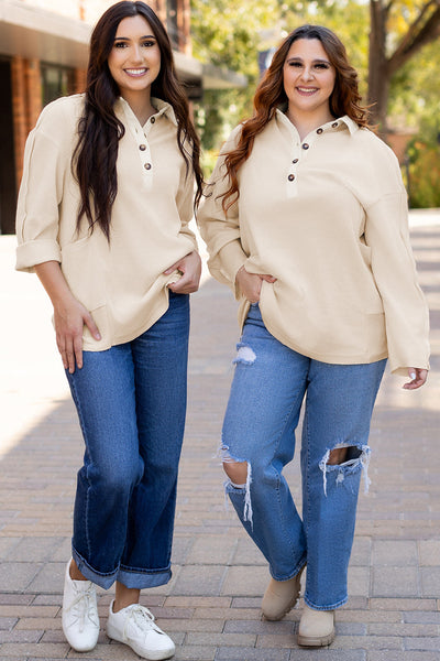 Women's Relaxed Fit Jet Stream Waffle Long Sleeve Collared Top - Versatile Casual Layering Piece for All Seasons