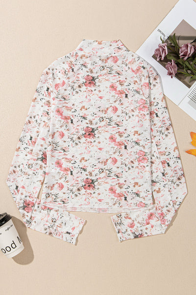 Elegant Women's Pink Floral Long Sleeve Mesh Top - High Neck Design for Versatile Spring Style and Comfort