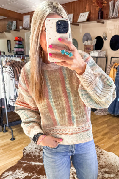 Trendy Women's Khaki Striped Puff Sleeve Sweater Chic Western Knit Top for Stylish Fall Wardrobe Essentials