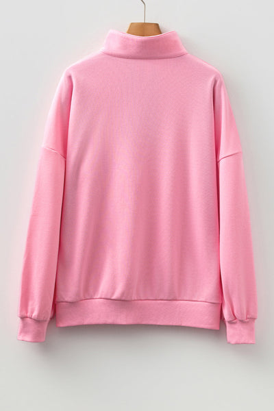 Women's Pink Contrast Striped Pullover Sweatshirt with Zip Collar for Stylish Casual Comfort and Layering