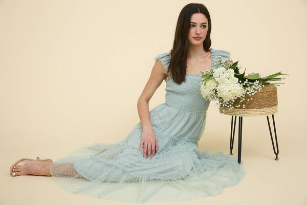 Polka Dot Chiffon Tiered Dress | Sage