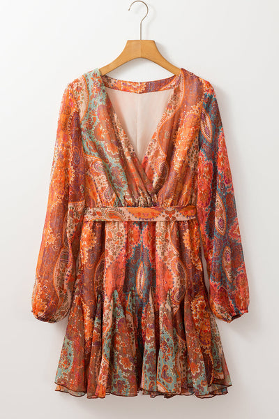 Women's Orange Boho Paisley Print Mini Dress with Long Sleeves, Pleated Design, and Belted Waist for Effortless Style