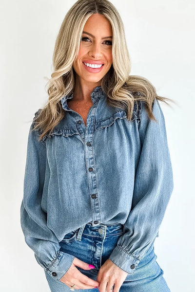 Dusk Blue Women's Chambray Shirt with Frilled Details & Button-Down Design - Stylish, Comfortable Fit for Everyday Wear