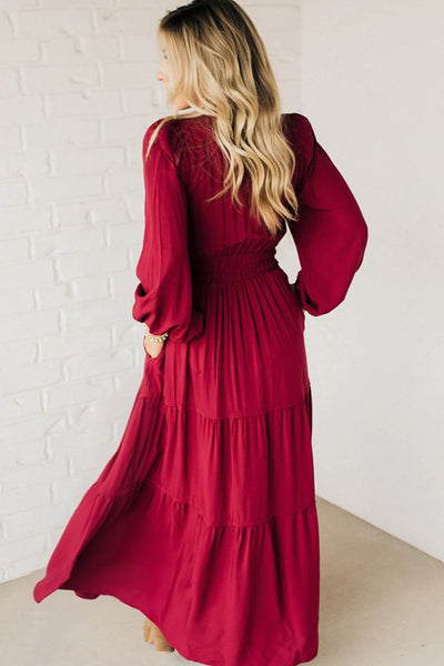 Elegant Women's Racing Red Maxi Dress with Contrast Embroidery, V-Neck, Long Sleeve, Perfect for Special Occasions