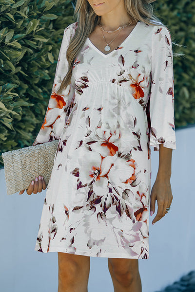 Printed Lace Up Lapel Waist Short Sleeved Midi Dress