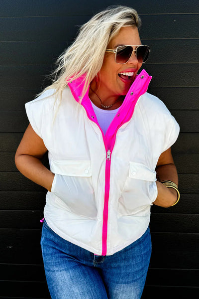 Cozy Women's White Color Block Winter Vest with Snap Button & Zip Closure - Trendy Patchwork Layering Essential
