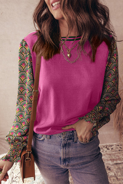 Chic Women's Rose Red Floral Puff Sleeve Sweater with Shirred Cuffs for Cozy Style and Trendy Comfort made for easy styling and wardrobe coordination,