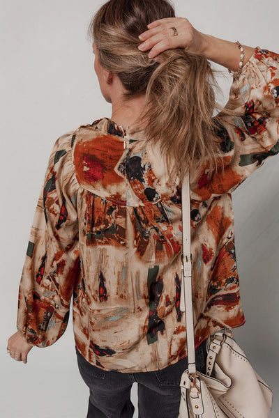 Trendy Women's Multicolor Retro Abstract Blouse with Zip Back and Long Puff Sleeves for Casual Chic Outfits