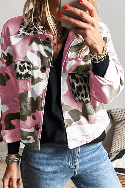 Trendy Women's Pink Camo Leopard Patchwork Crop Jacket with Flap Pockets Casual Stylish Outerwear for Unique Fashion made for easy styling and